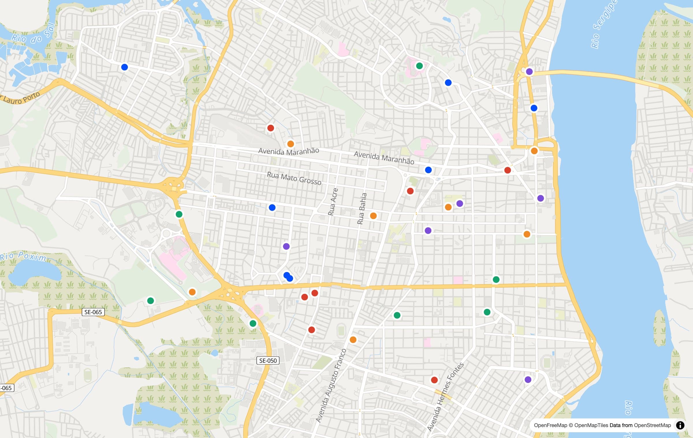 Mapa de Aracaju com chamados de exemplo, em cores por status